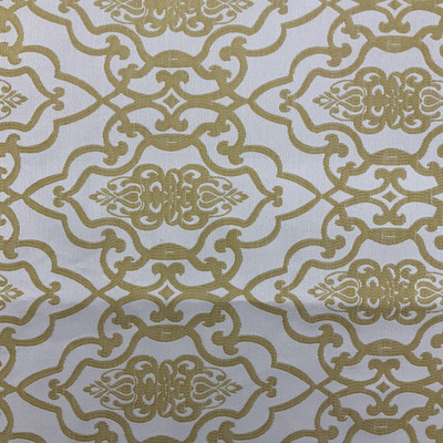 Golden Yellow Lattice Scroll on White Damask Upholstery / Drapery Fabric 54"W