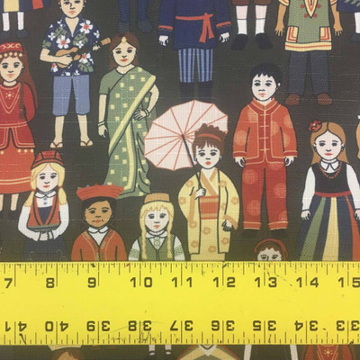 World Children in Traditional Dress on Black Slub | Multiuse Fabric By The Yard