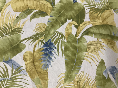 Tropical Palm Leaf Linen Curtain Fabric | Green, Blue, White