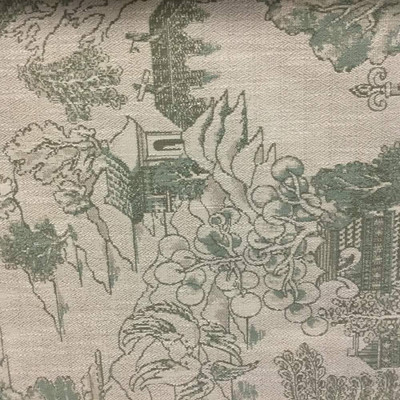 Ancient Asian Landscape Tapestry Fabric | Off White, Sage Green, Gray | Heavy Duty