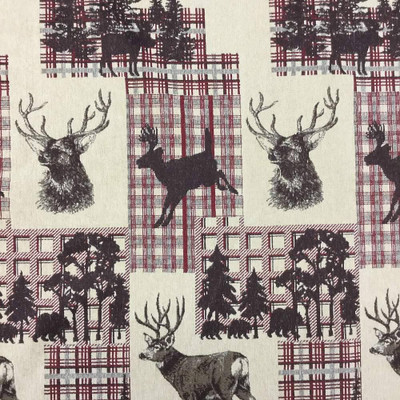 Deer Patchwork Fabric in Brown / Dark Red / Off-White | Heavyweight Upholstery | 54" Wide | By the Yard | Regal "Crocket" in Crimson
