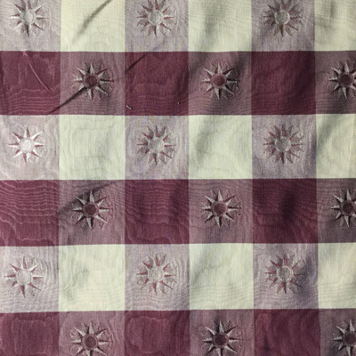 Plaid Fabric with Sunbursts and Moire | Burgundy / Beige | Drapery | 54 Wide