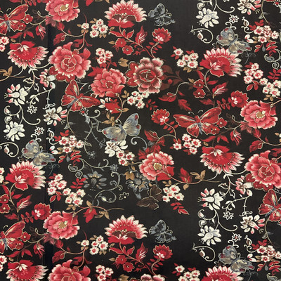 Red and Black Floral  Printed Sheer Mesh Stretch Knit Fabric / Clothing and Apparel / Sold by the Yard / 60 inch wide