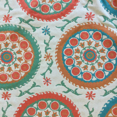 Suzette in color Cream | Medallions in Orange / Beige / Green | Upholstery Fabric | Regal Fabrics Brand | 54" Wide | By the Yard