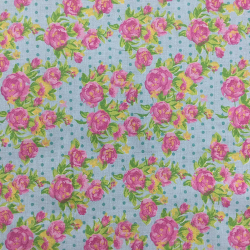 Cali Fabrics Pink and Green Floral Scrollwork on Light Blue London