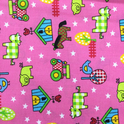 100% Cotton Quilting Fabric | Farm Animals in Pink Cows, Pigs, Horses, Birds | 44" Wide | By The Yard