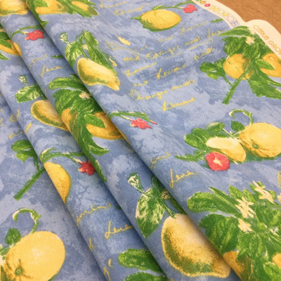 "Citrus Grove" Waverly | Orange and Lemons with Script Blue / Yellow | Home Decor / Drapery Fabric | 54" Wide | By the Yard