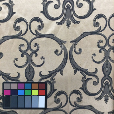 Scrollwork Black and Tan | Upholstery / Drapery Fabric | Poly Satin | 54" Wide | By the Yard