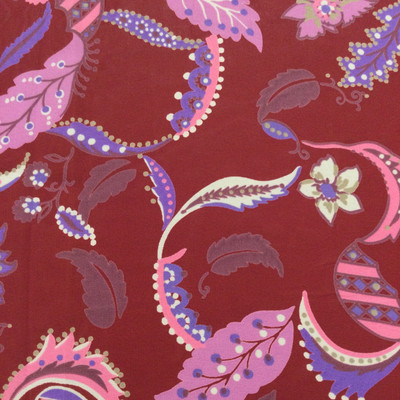 Burgundy Floral Poly Chiffon Fabric  | Pink, Purple Ivory Leaves in Scroll | Clothing and Apparel | By The Yard  45 inch Wide