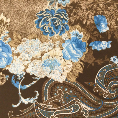 Floral Paisley Lightweight Jersey Knit Print Fabric | Brown, Tan, Blue | Fashion Fabric | 48 Inch Wide | By The Yard