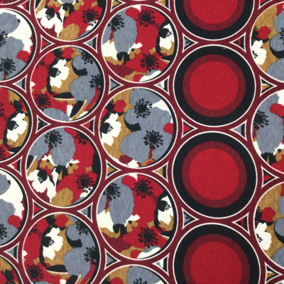 Oriental Floral Circles in Burgundy, Black, Tan, Gray | Poly Cotton Jersey Knit Stretch Fabric | Clothing and Apparel | By The Yard | 60 Inch Wide