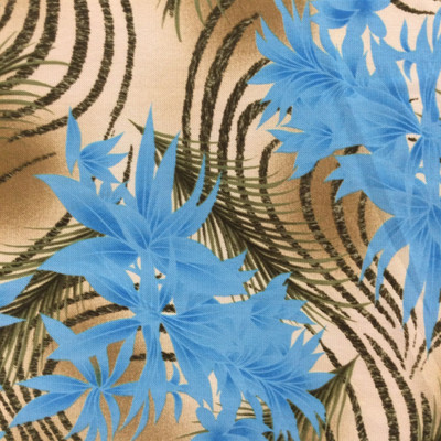 Tropical Ferns in Turquoise and Olive Green on Tan | Sheer Mesh Knit Stretch Fabric | Clothing and Apparel | By the Yard | 45 Inch wide