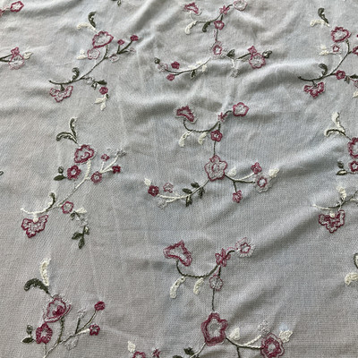 White  with Pink Floral Embroidered Mesh Knit Fashion Fabric / Clothing and Apparel / Sheer / 46 wide / Polyester / Sold by the Yard