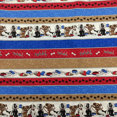 Fetch Dogs Border Print in Blue / Red / Brown | Quilting Fabric | 100% Cotton | 44 wide | By the Yard