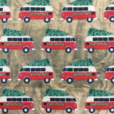 Vintage Bus with Christmas Tree  on Brown | Holiday Print | Quilting Fabric | 100% Cotton | 44 wide | By the Yard | 3  3259