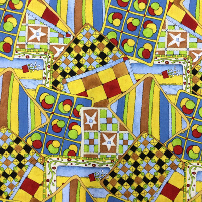 Patchwork Quilt Squares on Yellow/Blue/Brown/Red | South Sea imports | Quilting Fabric | 100% Cotton | 44 wide | By the Yard