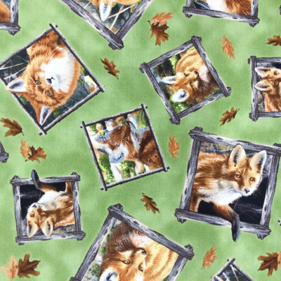 Red Foxes | Frames | Maine Wildlife | Rustic | Green | Brown | Quilting Fabric | 100% Cotton | 44 wide | By the Yard 5289