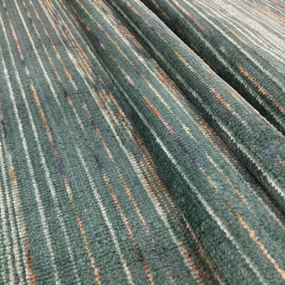 Dark Jade Green with Mint, Brown, and Blue Striping | Low-pile Chenille Microfiber Fabric  | Rubber-backed Heavy Duty Upholstery | 54" Wide | By the Yard