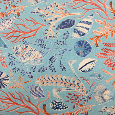 Sea Shells and Coral in Blue / Orange / Red | OUTDOOR Home Decor Fabric | Upholstery | 54" Wide | By the Yard | Dena Design "Sun Dream" Reef