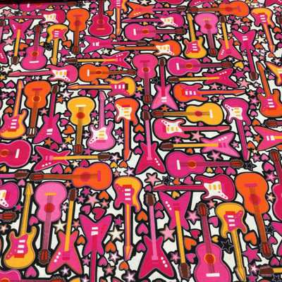 Guitars in Pink / Gold / Orange | Quilting Fabric | 44" Wide | 100% Cotton | By The Yard | Kanvas "Girls Rock"