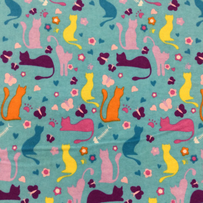 Kitty Sihouettes with Butterflies on Turquoise | Pink | Yellow | Orange | Blue | Juvenile Flannel Fabric | 44 Wide | 100% Cotton | By The Yard