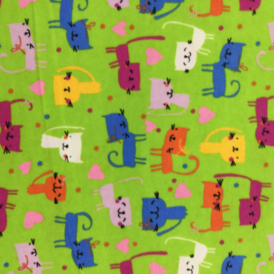 Happy Kitties and Hearts | Blue ,Yellow, Orange, Fuschia on Sping Green | Juvenile Flannel Fabric | 44 Wide | 100% Cotton | By The Yard