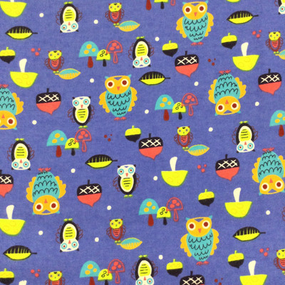 Woodland Owls  on Medium Blue | Mushrooms | Acorns | Juvenile  Novelty Flannel Fabric | 44 Wide | 100% Cotton | By The Yard