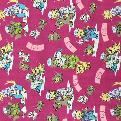 Well Patients Animals on Raspberry Pink Novelty Woven Scrub Fabric | Easy Care Scrub Weight | Poly Cotton Blend | 60 inch Wide | By The Yard