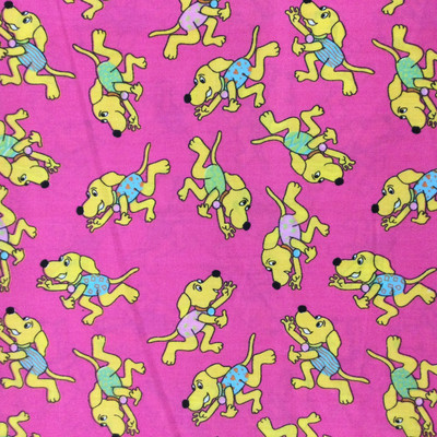 Tossed Yellow Dog on Bubble Gum Pink Novelty Woven Print Fabric | Easy Care Scrub Weight | Poly Cotton Blend | 60 inch Wide | By The Yard