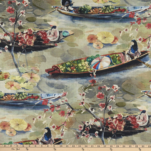 Bangkok Digital Linen Floating Market Toile Spice Medium Weight Linen