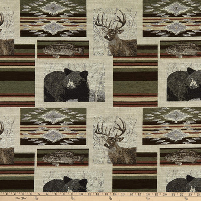 Bennington Deer Bear Striped Ground Patch Faux Linen Moss | Very Heavyweight Linen Fabric | Home Decor Fabric | 56" Wide