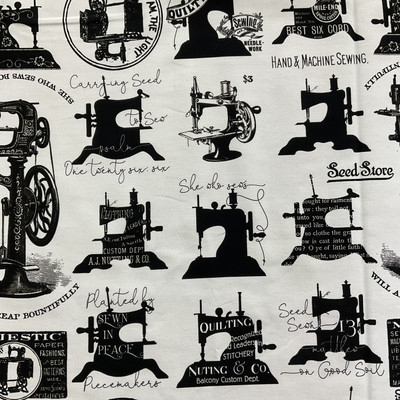 Riley Blake She Who Sew Canvas Sewing Machines Off White | Home Decor Fabric | 58" Wide