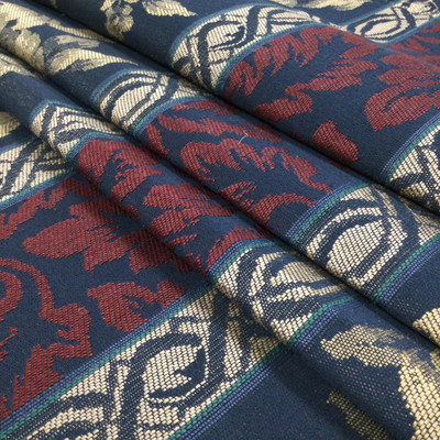 2.66 Yard Piece of Elegant Floral Stripes in Navy Blue / Red / Light Tan | Upholstery Fabric | Heavy Drapery | Polyester | 54 Wide | By the Yard