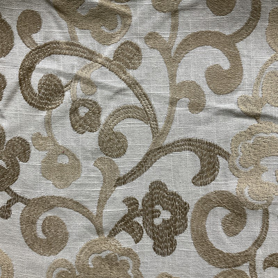 Vien-lin in Flaxen | Drapery Fabric | Embroidered Scrollwork Floral in Bronze on Beige Linen | Light-Medium Weight | 54" Wide | By the Yard