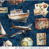 QT Fabrics Globetrotter 30530-N Navy Travel Icons Ships Planes Landmarks | Per Half Yard