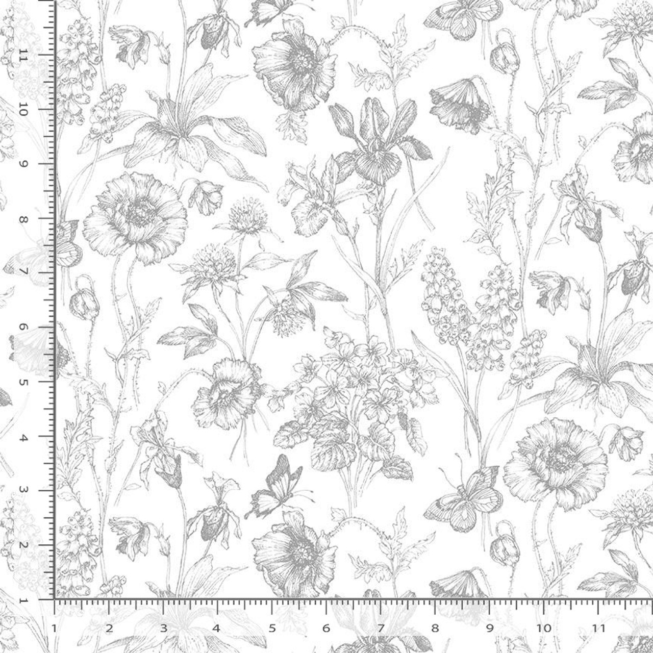 Butterscup　Sew　Graphite　Sold　Seams　White　Half-Yard　Treasures　By　CD1812　Toile　Sketch　Floral　FLEUR　Timeless　Perfect