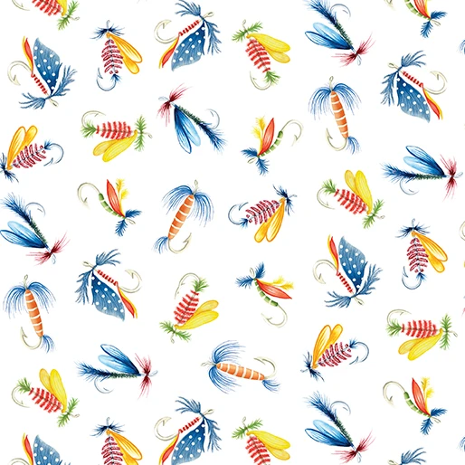 fabric with fishing lures QT Green The Lure of Fishing by the Quarter Yard World Weidner Quilting Treasures Fabrics The Lure