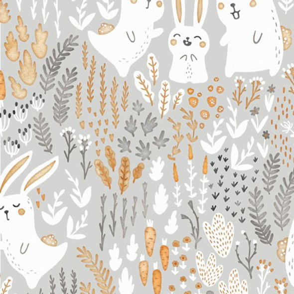 QT Fabrics | Hippity Hop 29215-K Bunnies Flowers Carrots Grey | Per Half Yard