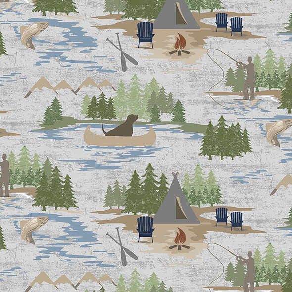 Clothworks - On Lake Time Gear Y3714-118 Toile Light Pewter Camping Fishing | Per Half Yard