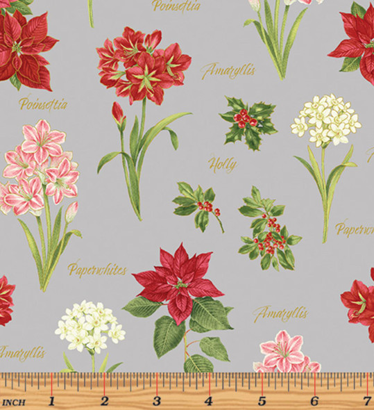 Benartex A Botanical Season 13462M-13 Pewter Winter Flowers Metallic| Per Half Yard