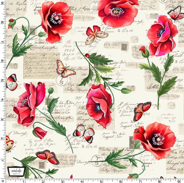 Michael Miller What's Poppin Scarlet Poppies Beige |Per Half Yard