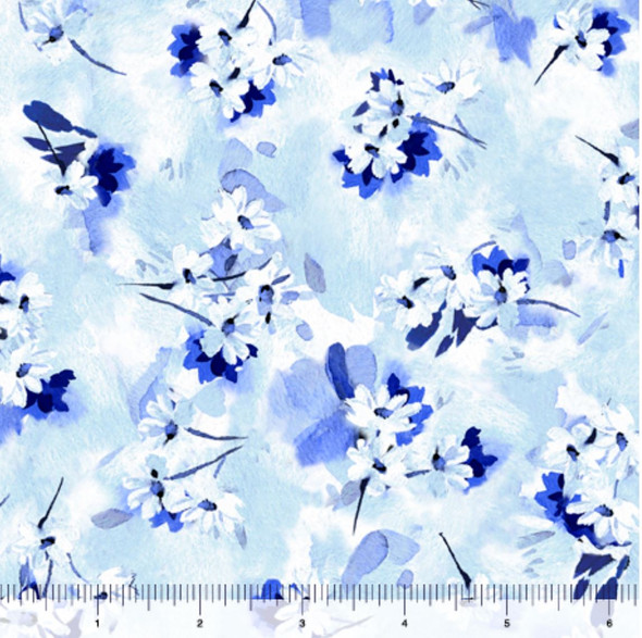 QT Fabrics | Blossoms of Blue 29869-B Tossed Watercolor Flowers Light Blue | Sold By Half-Yard