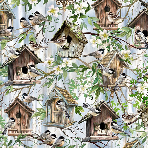Timeless Treasures Birdhouse Bloom Chickadee Birdhouse Digital DONA-CD2420 Blue| Per Half Yard