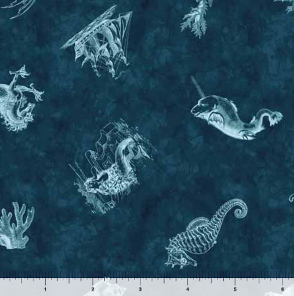 QT Fabrics Siren's Call by Dan Morris 29996-Q Nautical Toss Narwhal Squid Mythical Creatures | Per Half-Yard