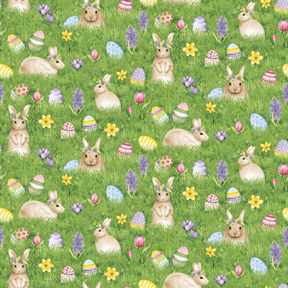 Henry Glass Hoppy Hunting 1066-66 Easter Eggs and Bunnies on Green Grass with Flowers | Per Half Yard