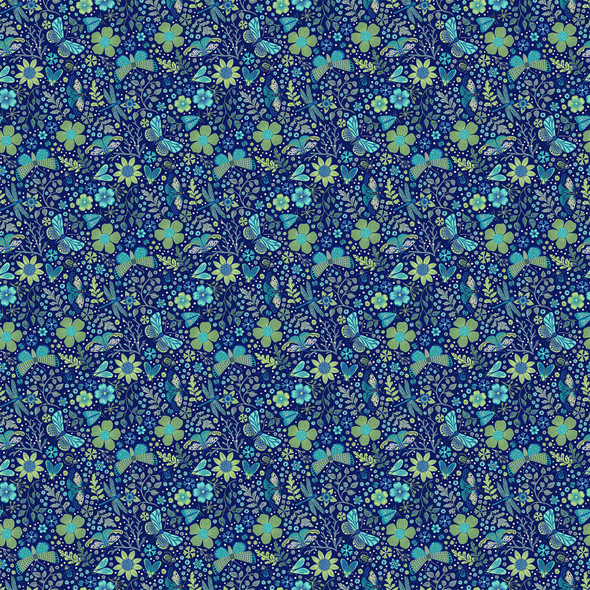 Northcott Water's Edge 26712-49 Navy Promenade Floral Dragonfly Moth| Per Half Yard