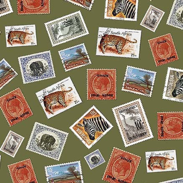 Michael Miller Safari CX11328 Olive Safari Stamps  | Per Half Yard