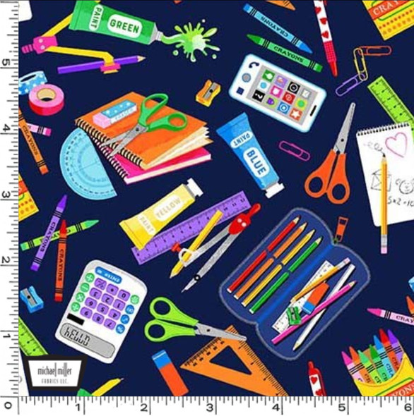 Michael Miller Back To School CX10950 Navy School Supplies | Per Half Yard