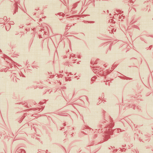 Moda French General Antoinette 13950 11 Pearl Faded Red Aviary De Trianon Florals Birds Butterflies| Per Half Yard