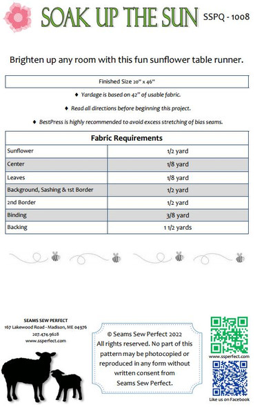 Soak Up The Sun - Sunflowers Table Runner Pattern from Seams Sew Perfect